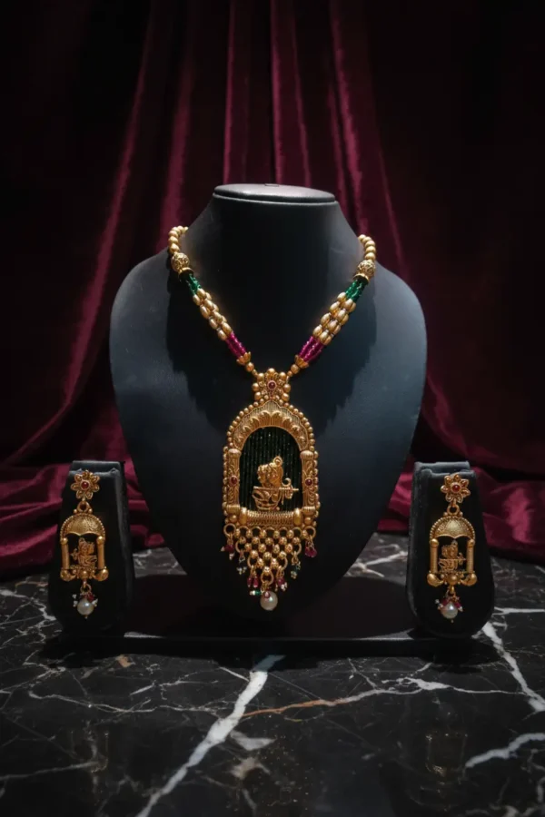 Gold Plated Radha Krishna Temple Jewellery Set with Earrings