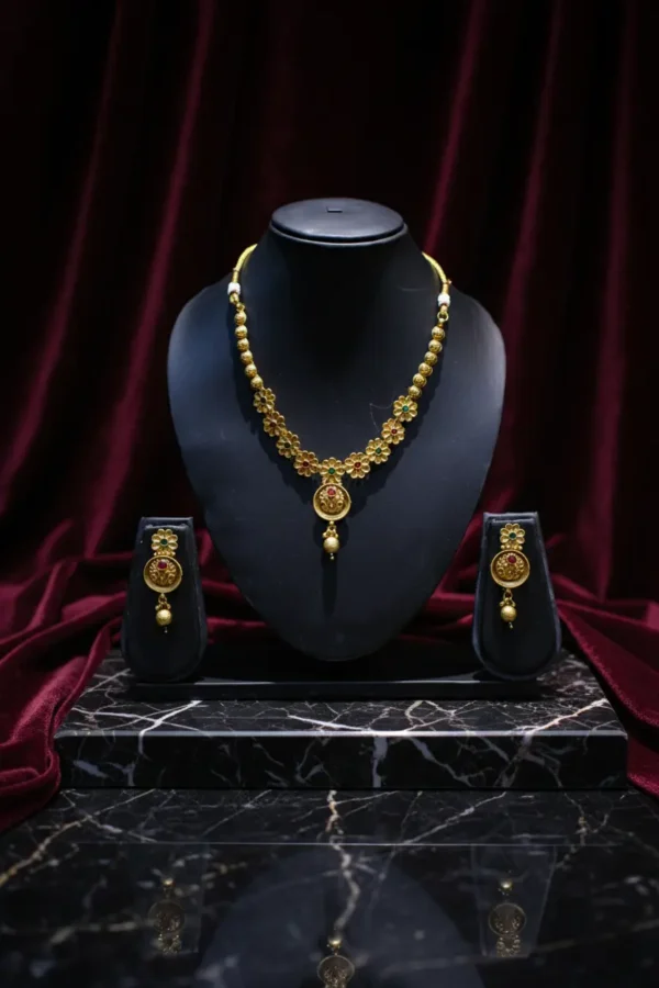 Gold Plated Floral Temple Jewellery Set with Matching Earrings