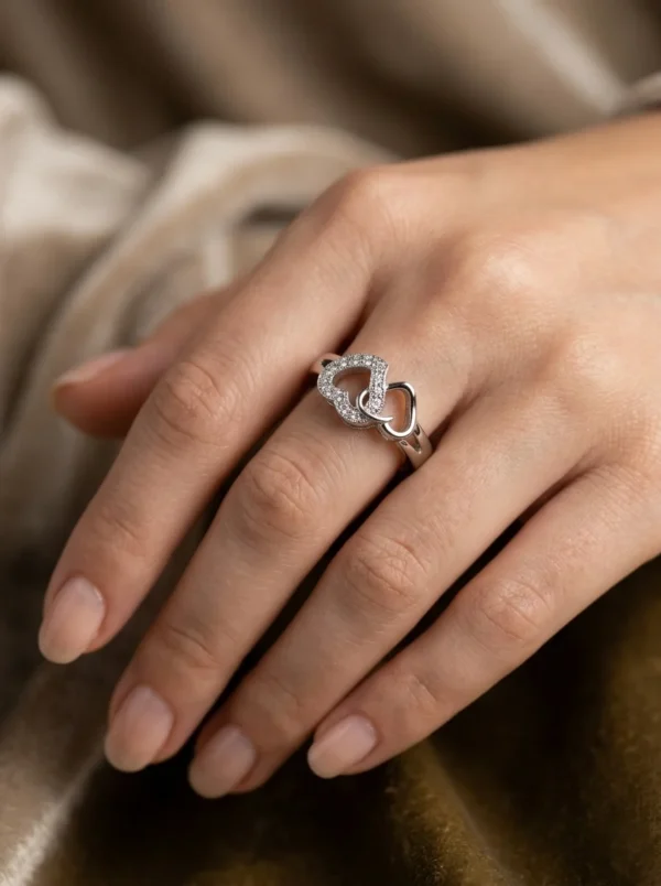 Oxidised finish CZ Interlinked Heart Band Ring for Women