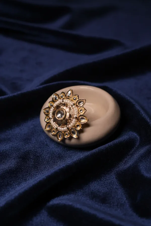 Floral Kundan Pearl Border Gold Tone Ring