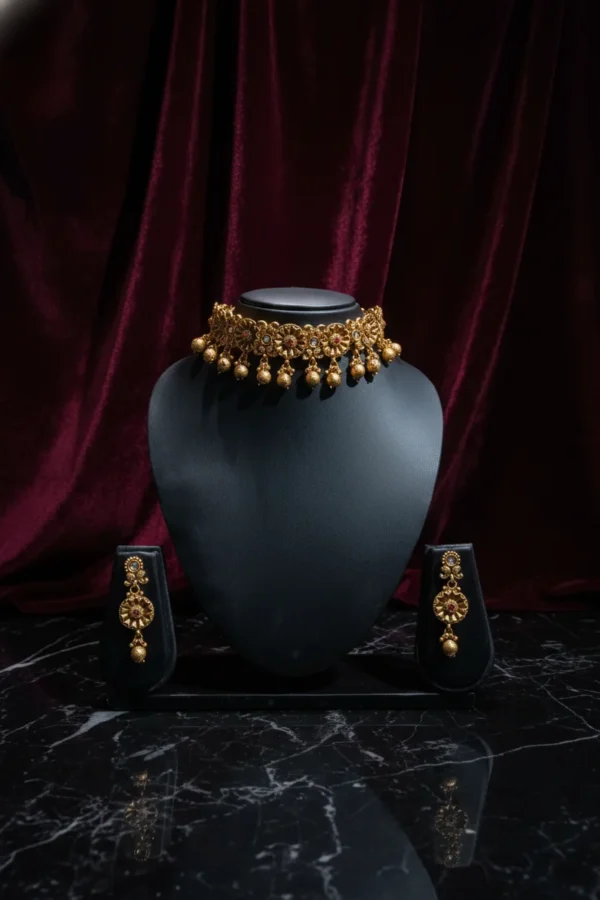 Gold Tone Floral Kundan Choker Necklace & Earrings Set