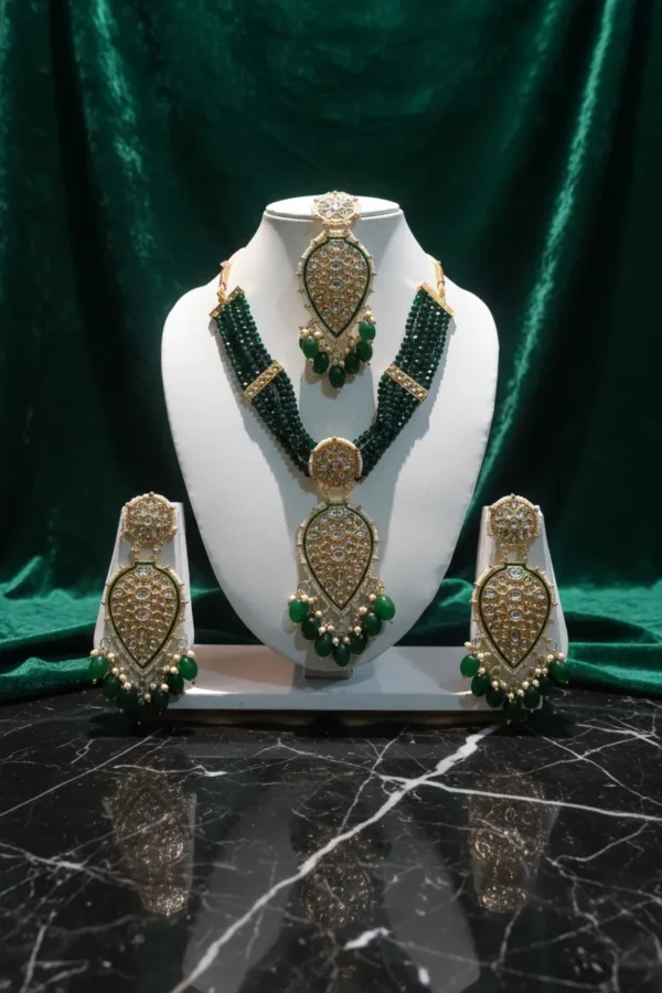 Green Beaded Kundan Necklace Set with Earrings & Maang Tikka