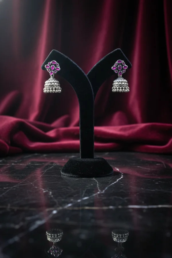 Silver 925 Ruby Accent Traditional Jhumka Earrings