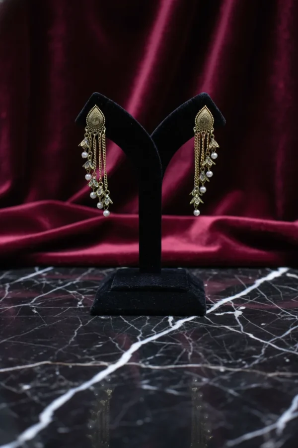 Pearl Chain Drop Earrings with Leaf Motif Design