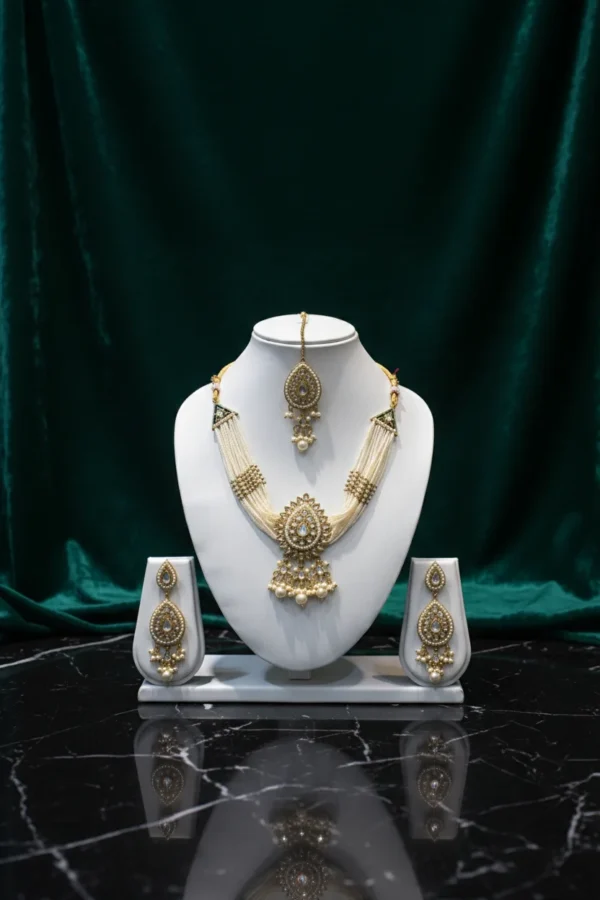 White Pearl Kundan Choker Necklace Set with Earrings and Maang Tikka