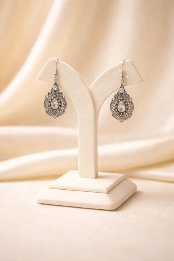 Oxidised Silver Teardrop Stone Dangler Earrings