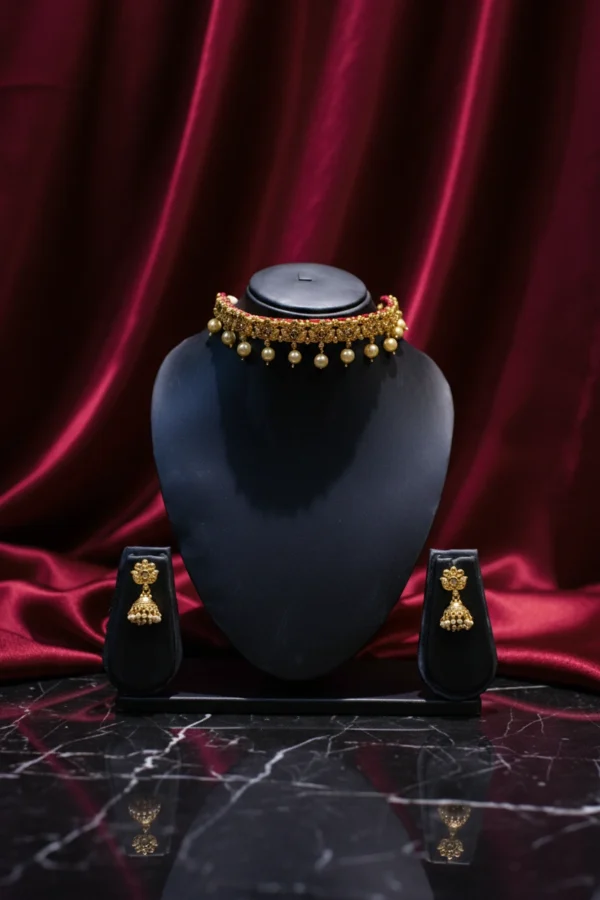 Gold Pearl Drop Traditional Choker Necklace & Earrings Set