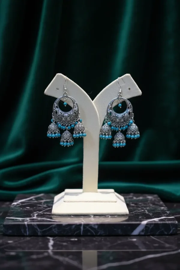 Silver Oxidised Turquoise Multi Jhumka Earrings