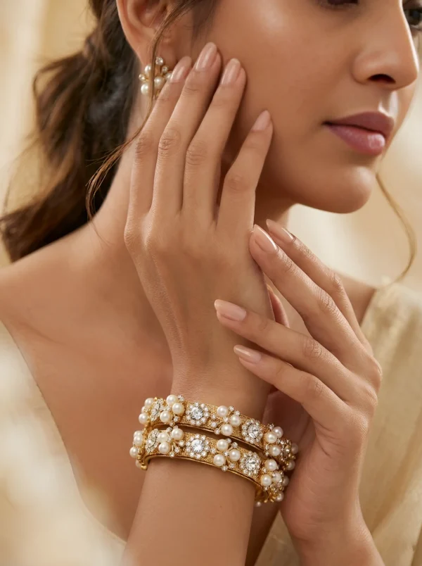 Royal Gold Tone Flower Motif Pearl Kada Set