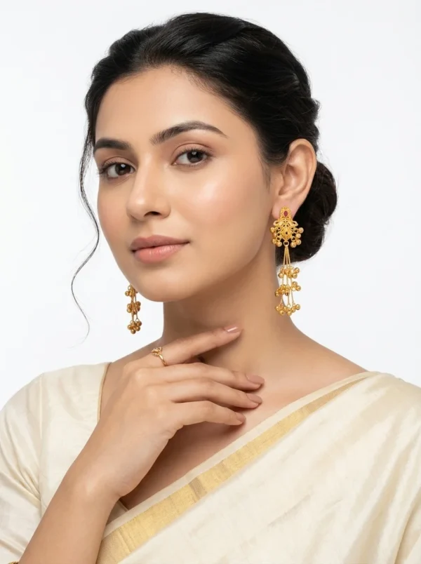 Gold Tone Kashmiri Ghungroo Dangler Earrings with Red Stone