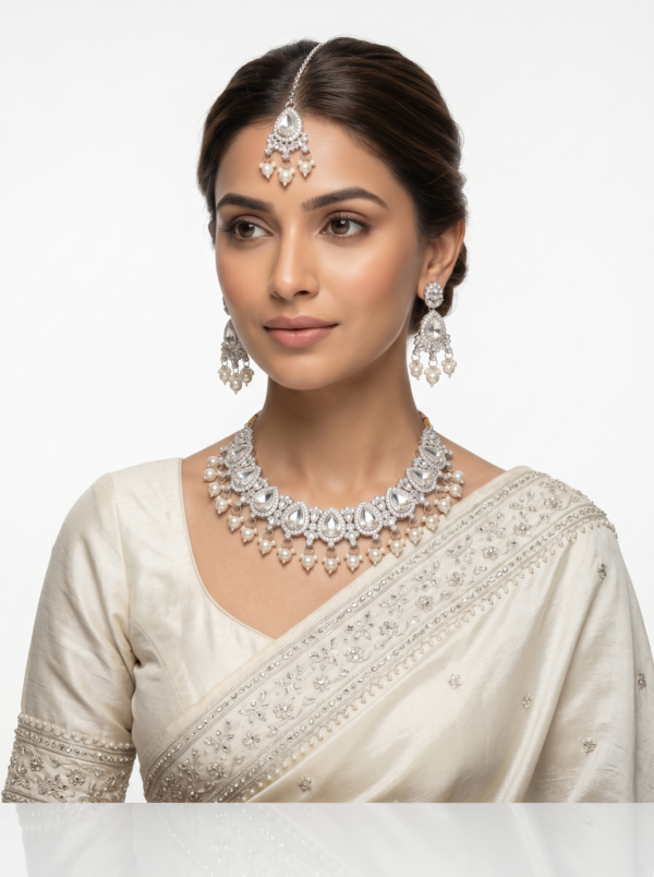 Exquisite Gold-Tone Traditional Necklace Set with Maang Tikka & Pearl Accents