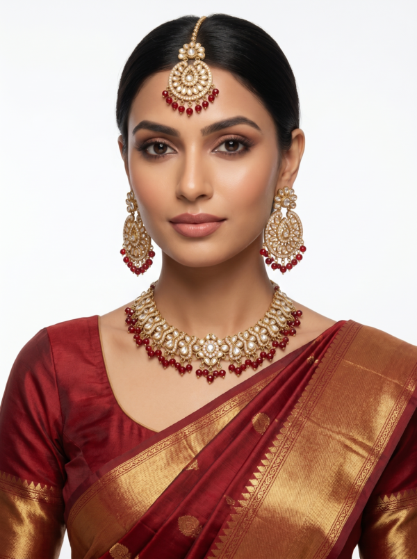 Rajwada Ruby Bridal Jewellery Set with Earrings and Maang Tikka